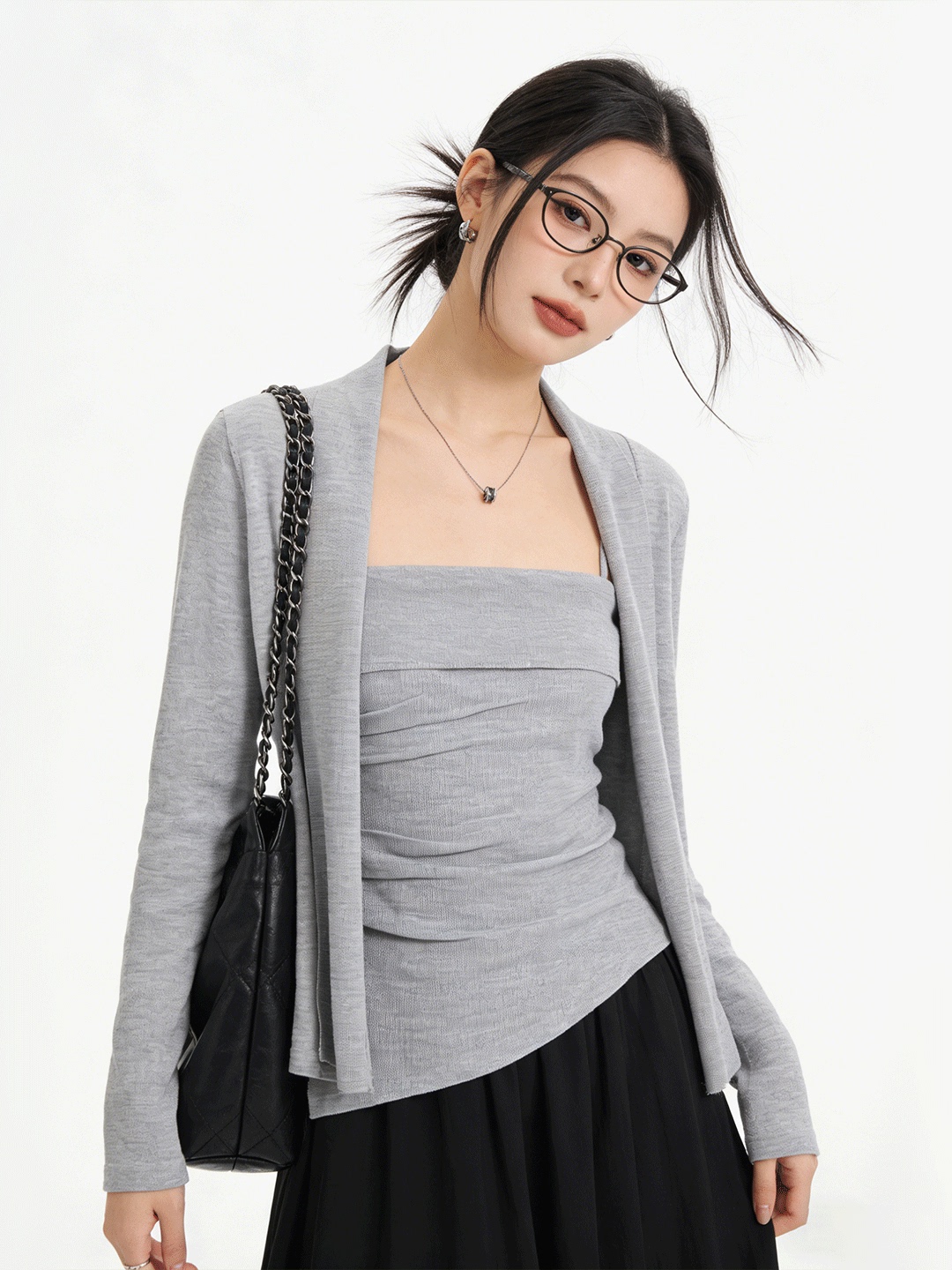 Korean Women Lifestyle - Ensemble deux pièces tricoté court Lush